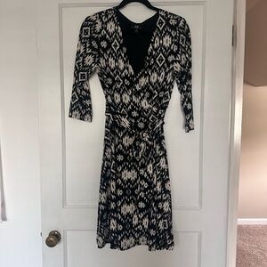 AGB Black and White Geometric 3/4 Sleeve Wrap Dress